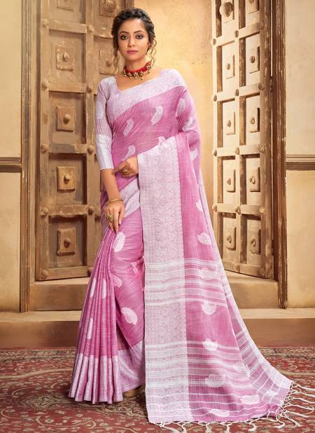 Pink Colour ASHIKA CHIKANKARI BUTTA Cotton Linen With Resham Work Designer Saree Collection CB 08